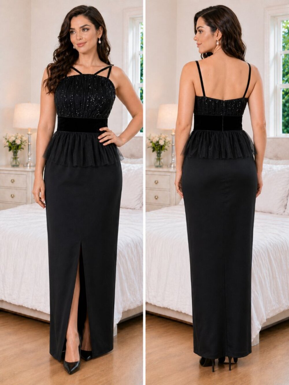 NWT Marchesa Notte Black Velvet Sequin Formal Gown $1095